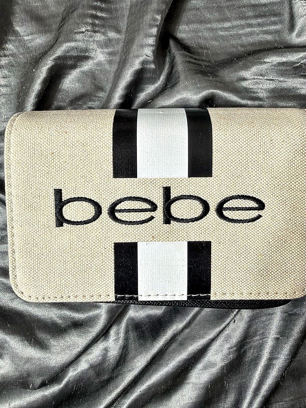 bebe Canvas Stripe Crossbody Bag in Beige & Black